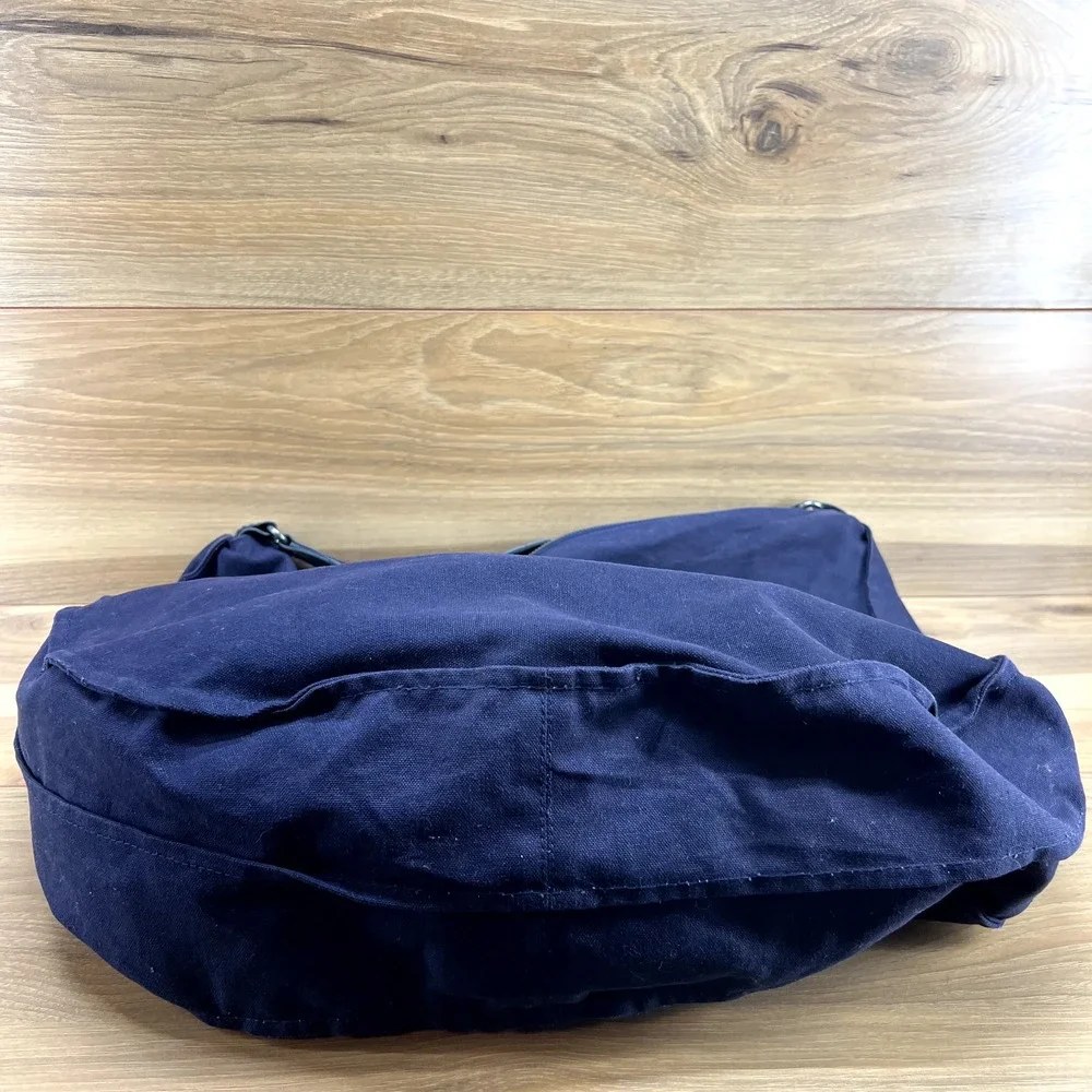 J Jill Large Navy Cotton Leather Trim Hobo Slouchy Shoulder Bag Zip